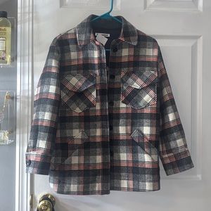 Reformation Woodside Shacket Jacket Plaid Charcoal Red